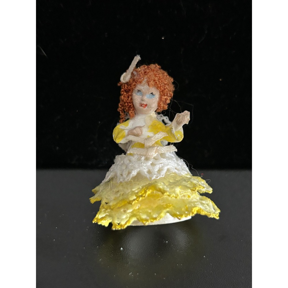 Miniature Doll Figurine Yellow Good Vintage Lace Dress Red Hair Collectible